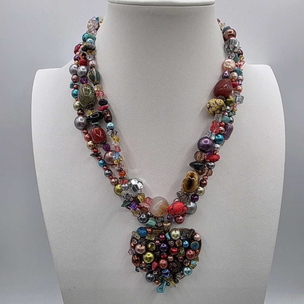 Vintage Nena Multi-strand Statement Necklace Semi Precious Stone Heart Pendant